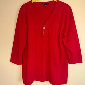 CABLE AND GAUGE Womens Pullover Red V-Neck Rhinestone Zipper Sweater SZ/LG